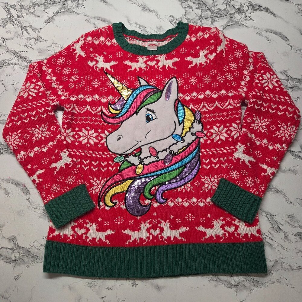 Holiday Time Girls XXL Colorful Unicorn Red Christmas Print Holiday Sweater